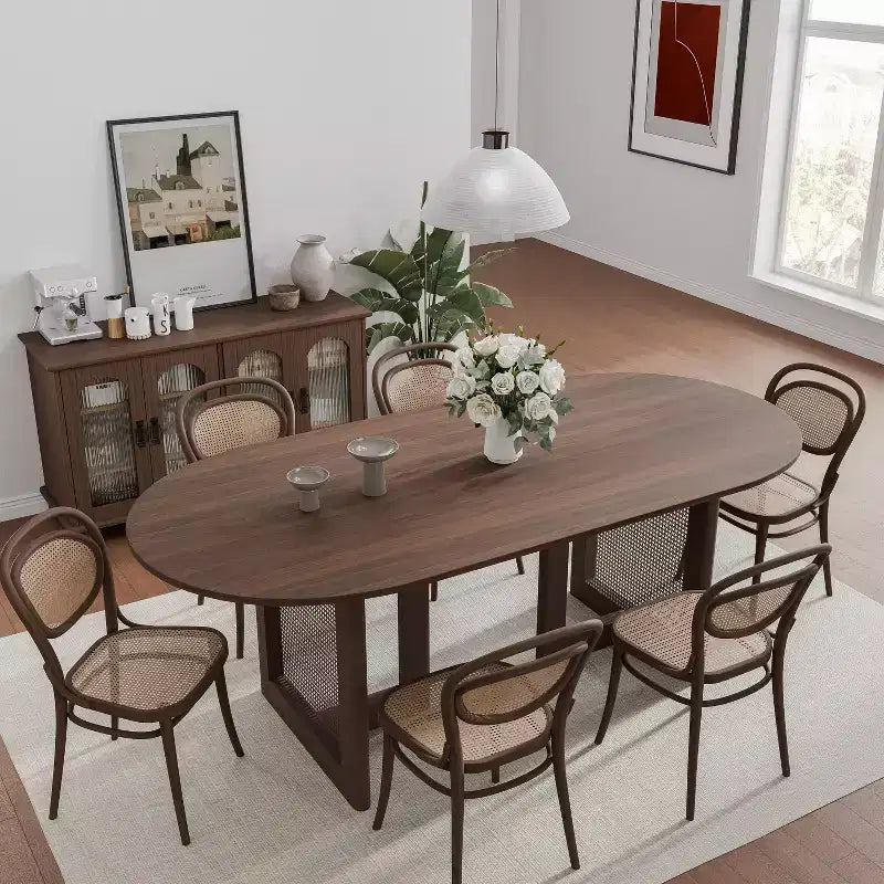 PexFix Modern Farmhouse Kitchen Dining Room Table Home Furniture Oval Oak Kitchen Table with Rattan Woven Legs for Kitchen Bar Living Room