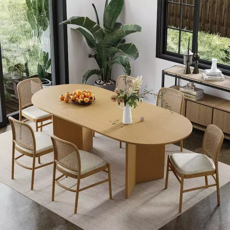 PexFix Solid Wood Farmhouse Dining Table with V-Shaped Legs and Oval Wood Top for Modern Dining Rooms & Family Gatherings