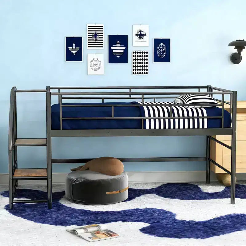 Luxystar Twin Size Mid Loft Bed with Fence and Stairs