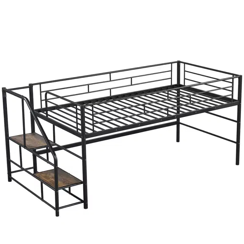 Luxystar Twin Size Mid Loft Bed with Fence and Stairs