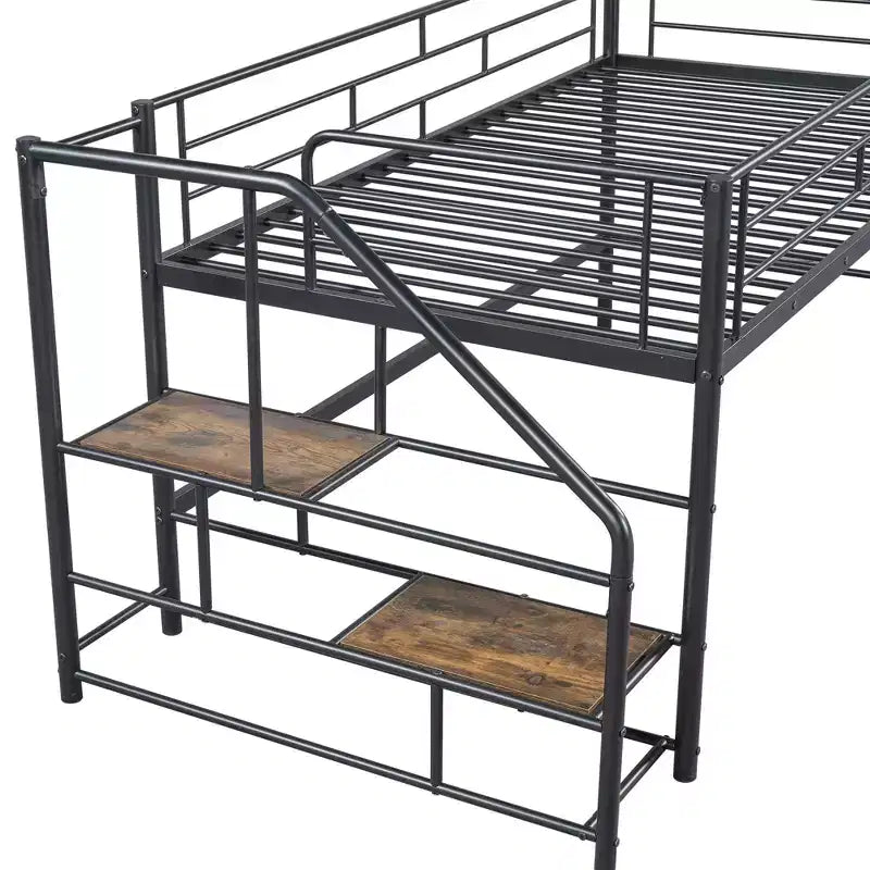 Luxystar Twin Size Mid Loft Bed with Fence and Stairs