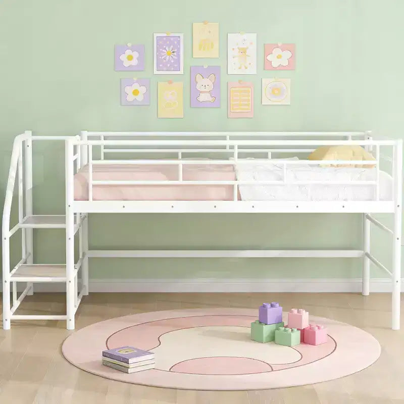 Luxystar Twin Size Mid Loft Bed with Fence and Stairs