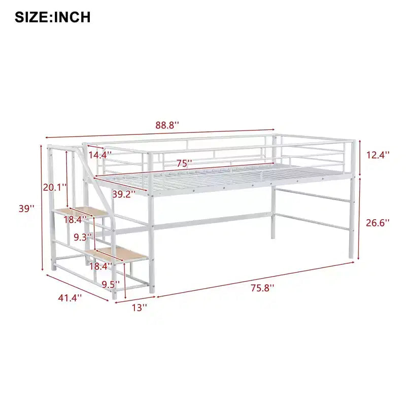 Luxystar Twin Size Mid Loft Bed with Fence and Stairs
