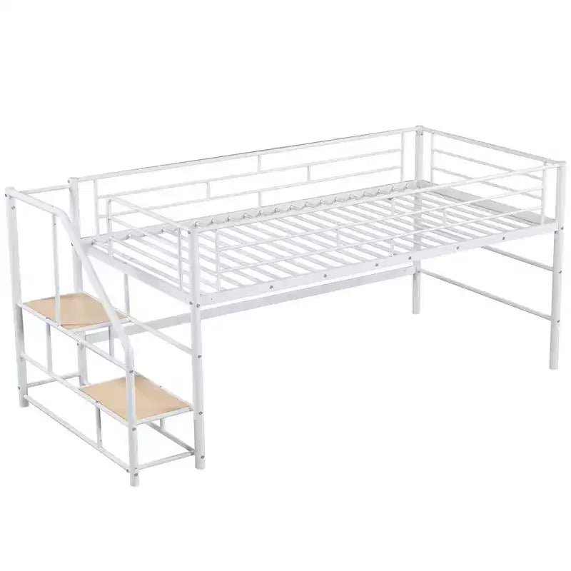 Luxystar Twin Size Mid Loft Bed with Fence and Stairs