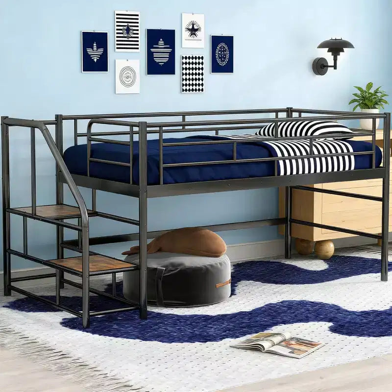 Luxystar Twin Size Mid Loft Bed with Fence and Stairs