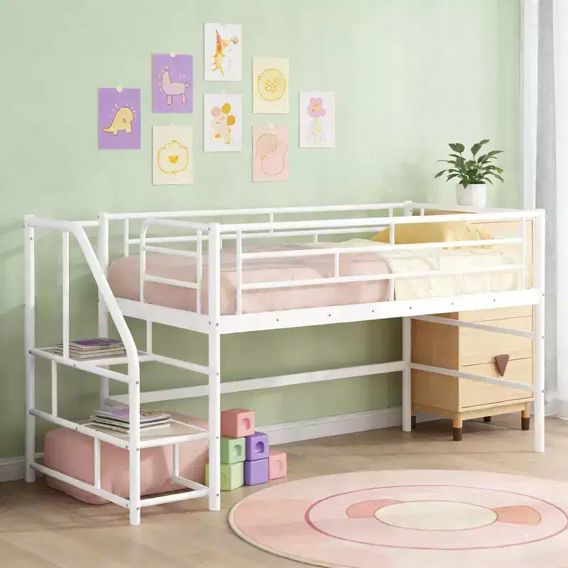 Luxystar Twin Size Mid Loft Bed with Fence and Stairs