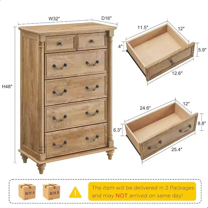 BALHAM TRADE-Farmhouse 6 Drawers Dresser Chests 4 Solid Wood Feet for Bedroom, Living Room