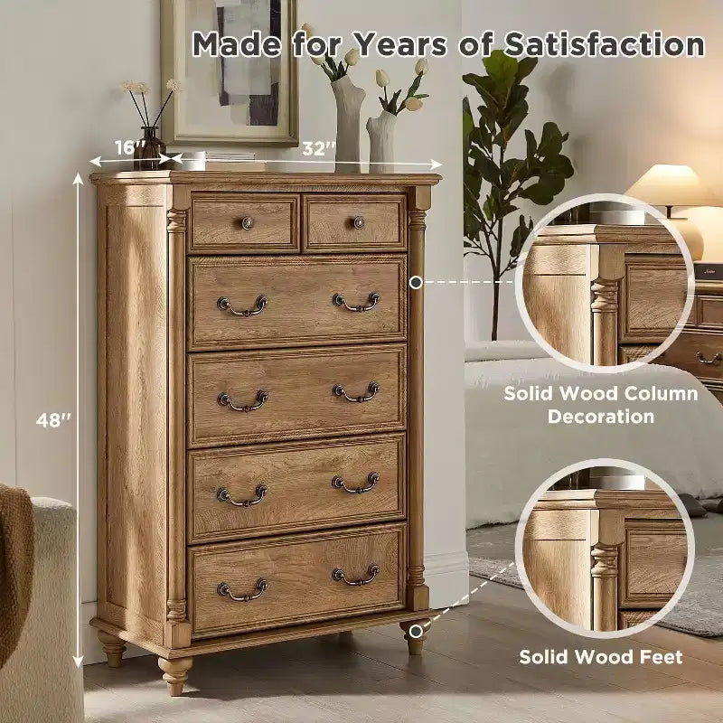 BALHAM TRADE-Farmhouse 6 Drawers Dresser Chests 4 Solid Wood Feet for Bedroom, Living Room