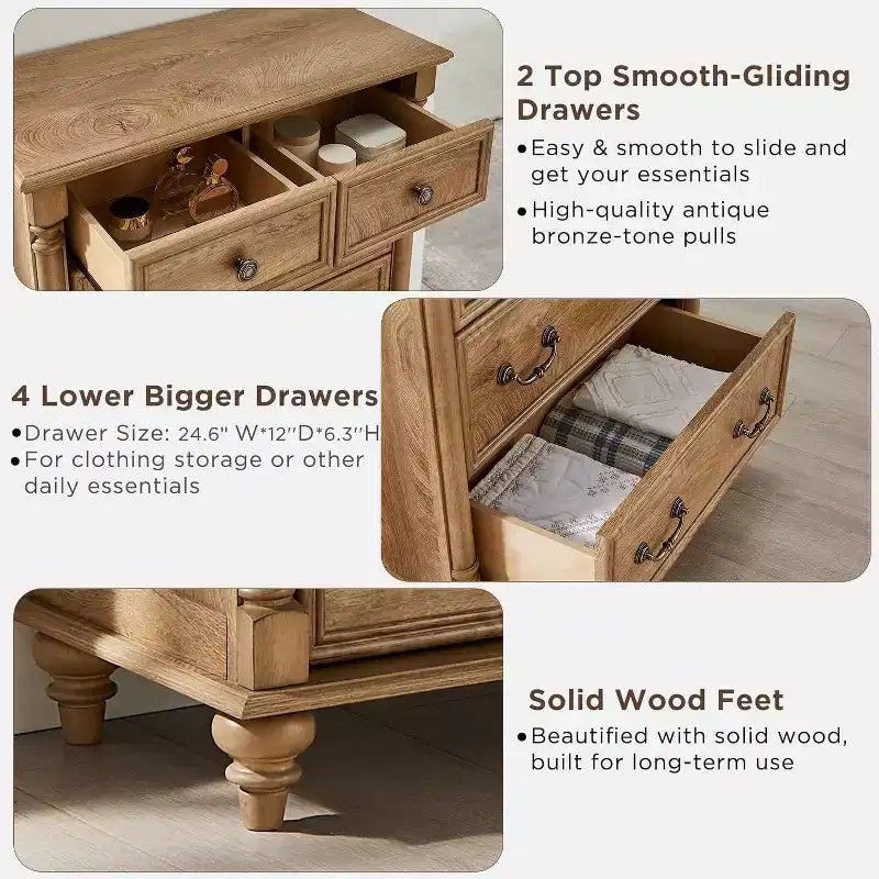 BALHAM TRADE-Farmhouse 6 Drawers Dresser Chests 4 Solid Wood Feet for Bedroom, Living Room