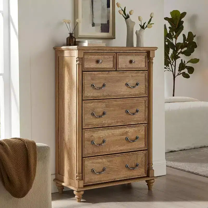 BALHAM TRADE-Farmhouse 6 Drawers Dresser Chests 4 Solid Wood Feet for Bedroom, Living Room