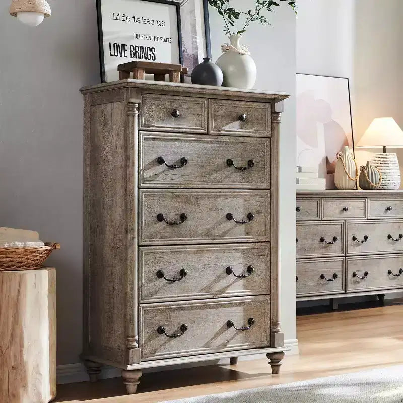 BALHAM TRADE-Farmhouse 6 Drawers Dresser Chests 4 Solid Wood Feet for Bedroom, Living Room