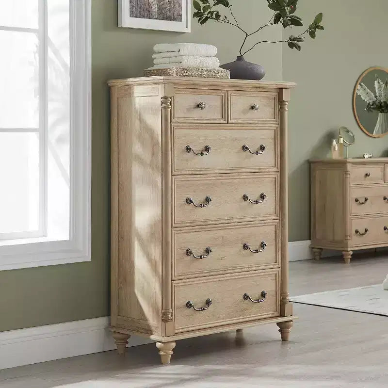 BALHAM TRADE-Farmhouse 6 Drawers Dresser Chests 4 Solid Wood Feet for Bedroom, Living Room