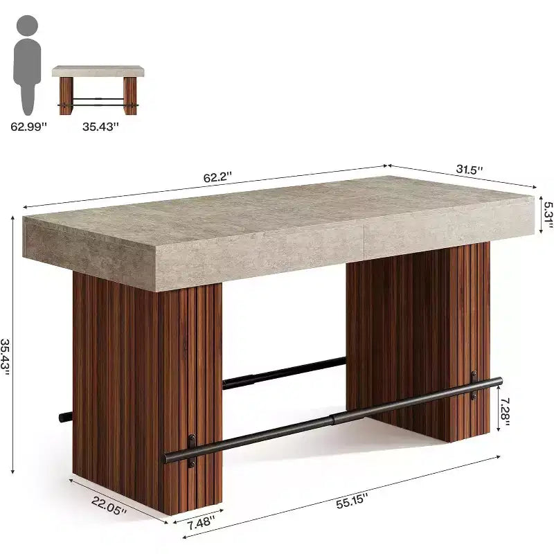 Lantine 62.2 Inch Bar Table, Industrial Counter Height Pub Table, Rectangular Home Bar Units with Metal Footrest for Home Kitchen, Dining Room, Bistro