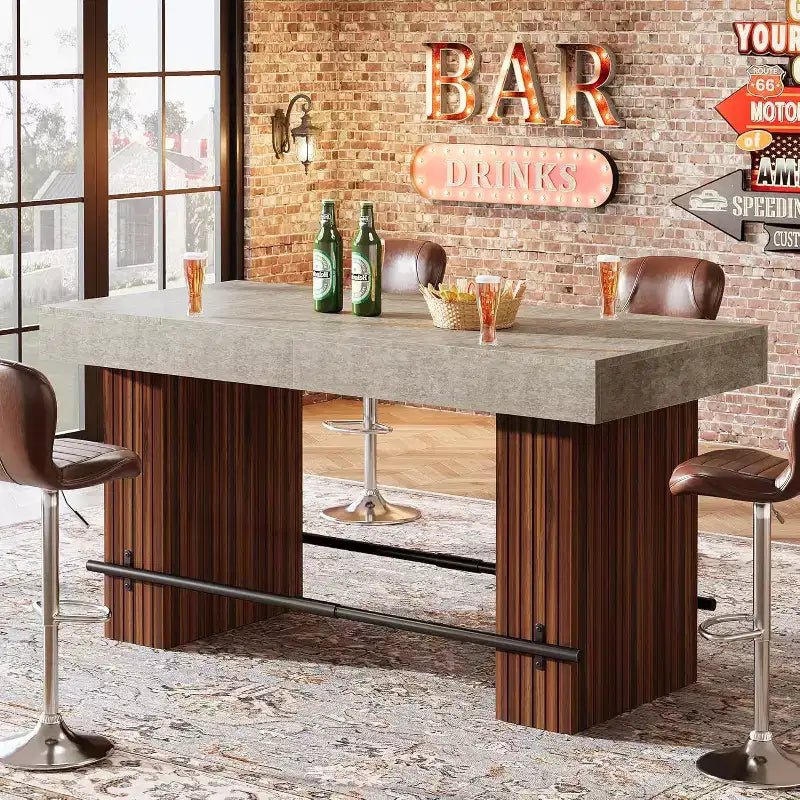 Lantine 62.2 Inch Bar Table, Industrial Counter Height Pub Table, Rectangular Home Bar Units with Metal Footrest for Home Kitchen, Dining Room, Bistro