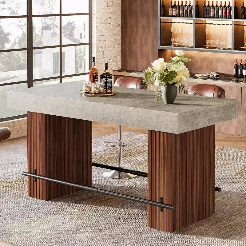 Lantine 62.2 Inch Bar Table, Industrial Counter Height Pub Table, Rectangular Home Bar Units with Metal Footrest for Home Kitchen, Dining Room, Bistro