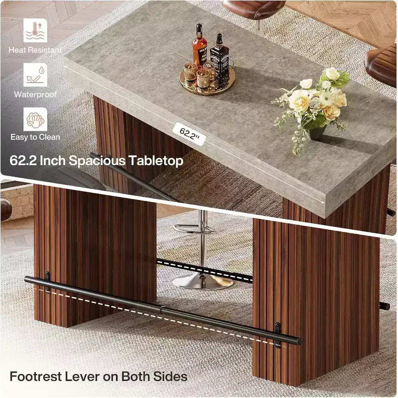 Lantine 62.2 Inch Bar Table, Industrial Counter Height Pub Table, Rectangular Home Bar Units with Metal Footrest for Home Kitchen, Dining Room, Bistro