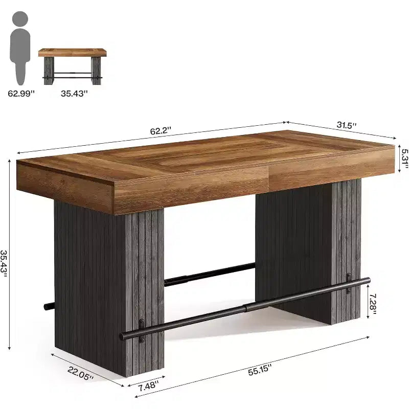 Lantine 62.2 Inch Bar Table, Industrial Counter Height Pub Table, Rectangular Home Bar Units with Metal Footrest for Home Kitchen, Dining Room, Bistro
