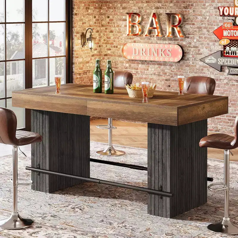 Lantine 62.2 Inch Bar Table, Industrial Counter Height Pub Table, Rectangular Home Bar Units with Metal Footrest for Home Kitchen, Dining Room, Bistro