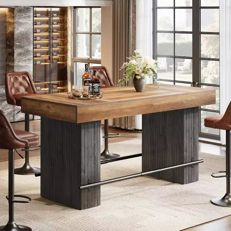 Lantine 62.2 Inch Bar Table, Industrial Counter Height Pub Table, Rectangular Home Bar Units with Metal Footrest for Home Kitchen, Dining Room, Bistro
