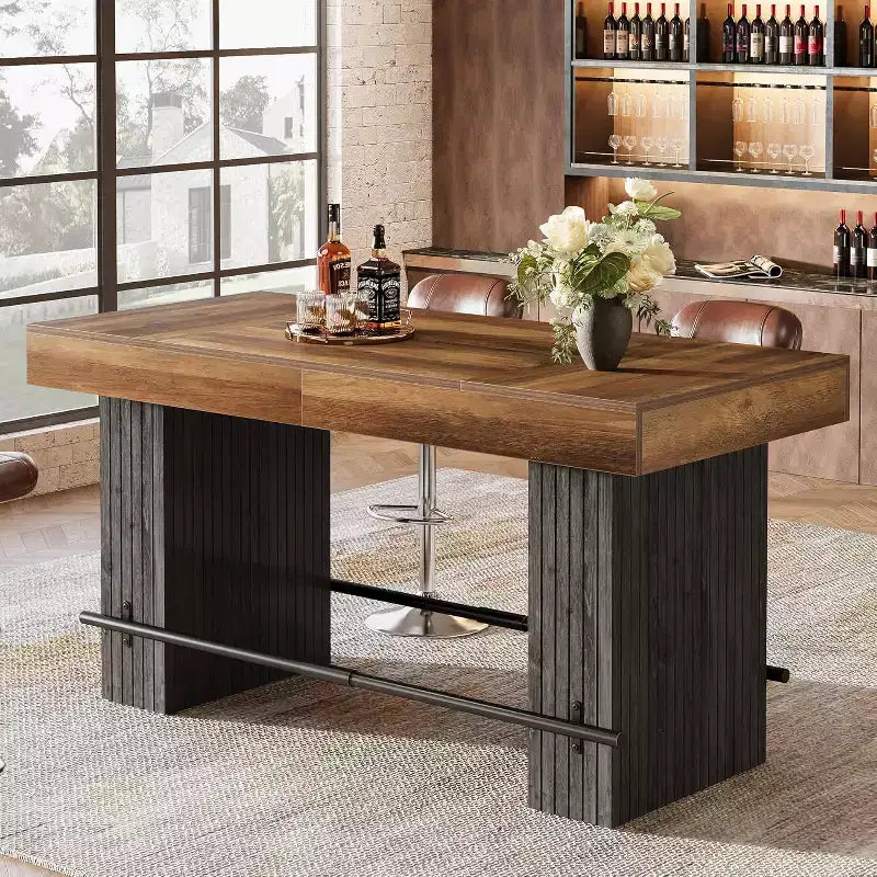 Lantine 62.2 Inch Bar Table, Industrial Counter Height Pub Table, Rectangular Home Bar Units with Metal Footrest for Home Kitchen, Dining Room, Bistro
