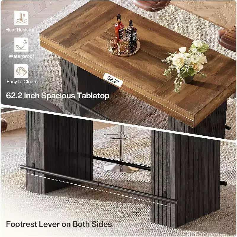 Lantine 62.2 Inch Bar Table, Industrial Counter Height Pub Table, Rectangular Home Bar Units with Metal Footrest for Home Kitchen, Dining Room, Bistro
