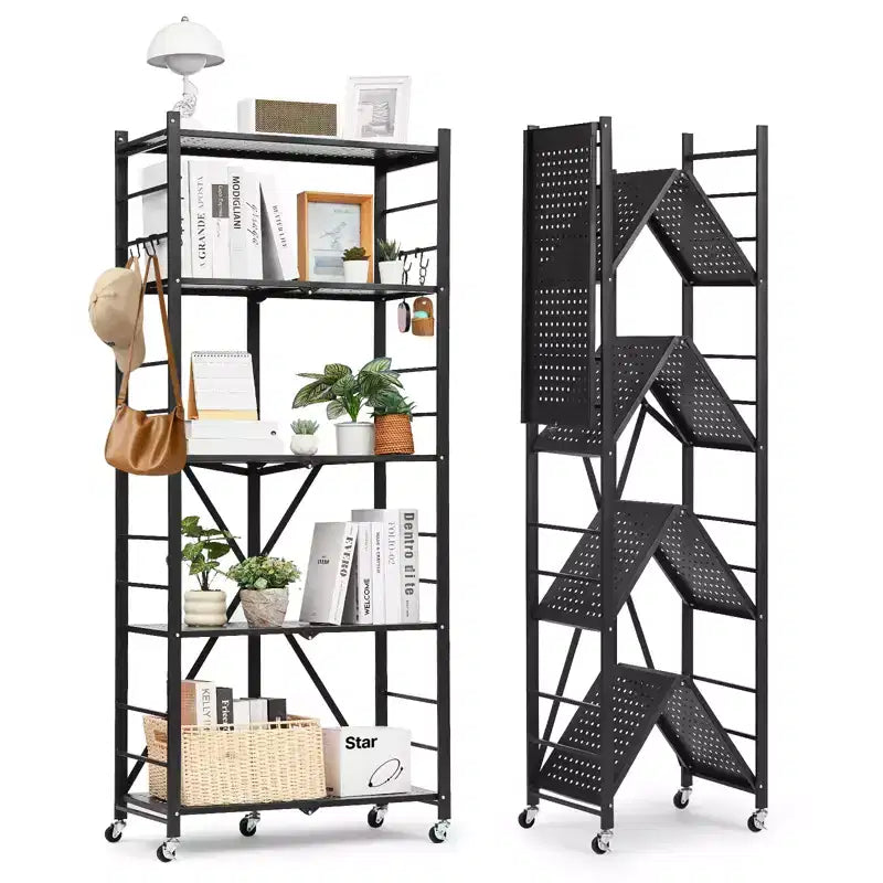 VEVOR 5-Tier Foldable Storage Shelf, 28W x 13D x 66H Inch Folding Metal Rack Shelving Unit, No Assembly Organizer Shelf with 5 Wheels & 4 Hooks,Black