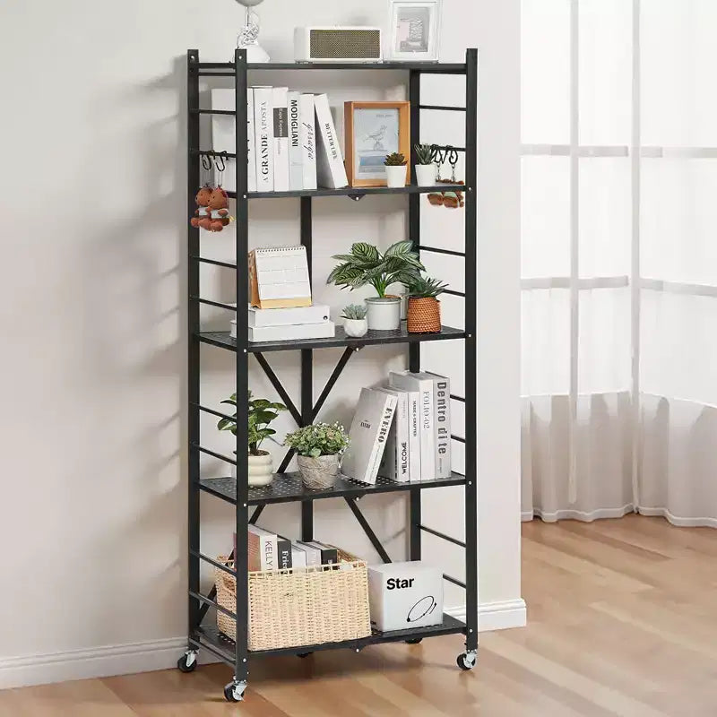 VEVOR 5-Tier Foldable Storage Shelf, 28W x 13D x 66H Inch Folding Metal Rack Shelving Unit, No Assembly Organizer Shelf with 5 Wheels & 4 Hooks,Black