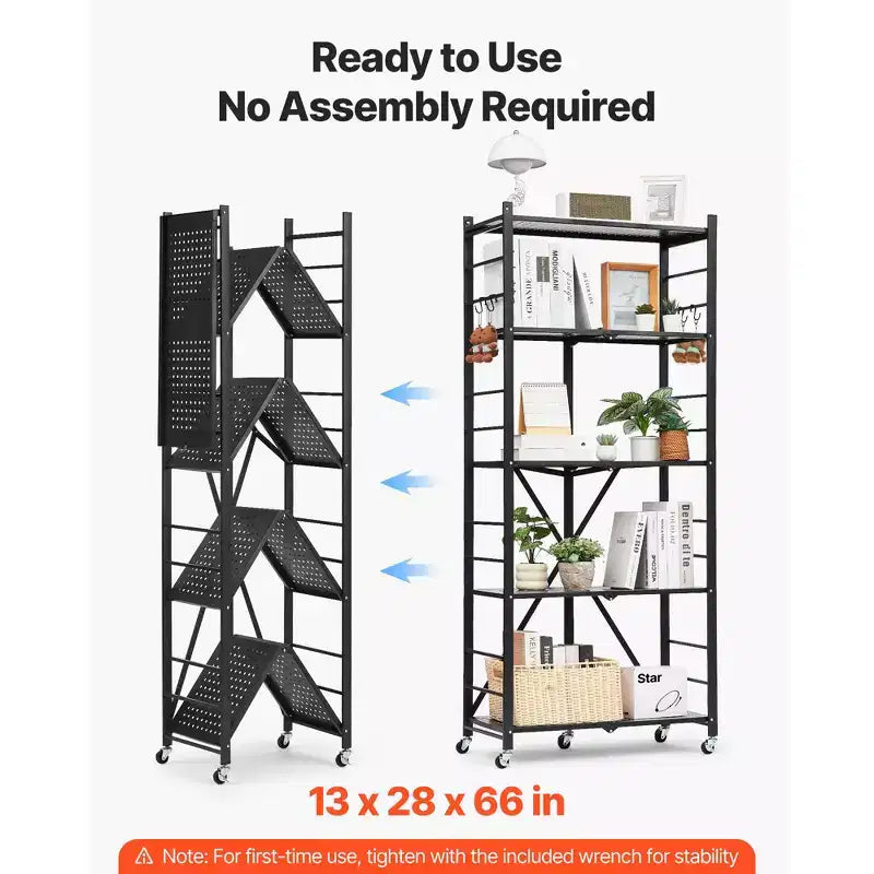 VEVOR 5-Tier Foldable Storage Shelf, 28W x 13D x 66H Inch Folding Metal Rack Shelving Unit, No Assembly Organizer Shelf with 5 Wheels & 4 Hooks,Black