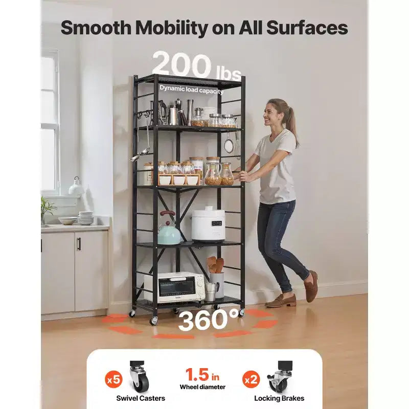 VEVOR 5-Tier Foldable Storage Shelf, 28W x 13D x 66H Inch Folding Metal Rack Shelving Unit, No Assembly Organizer Shelf with 5 Wheels & 4 Hooks,Black