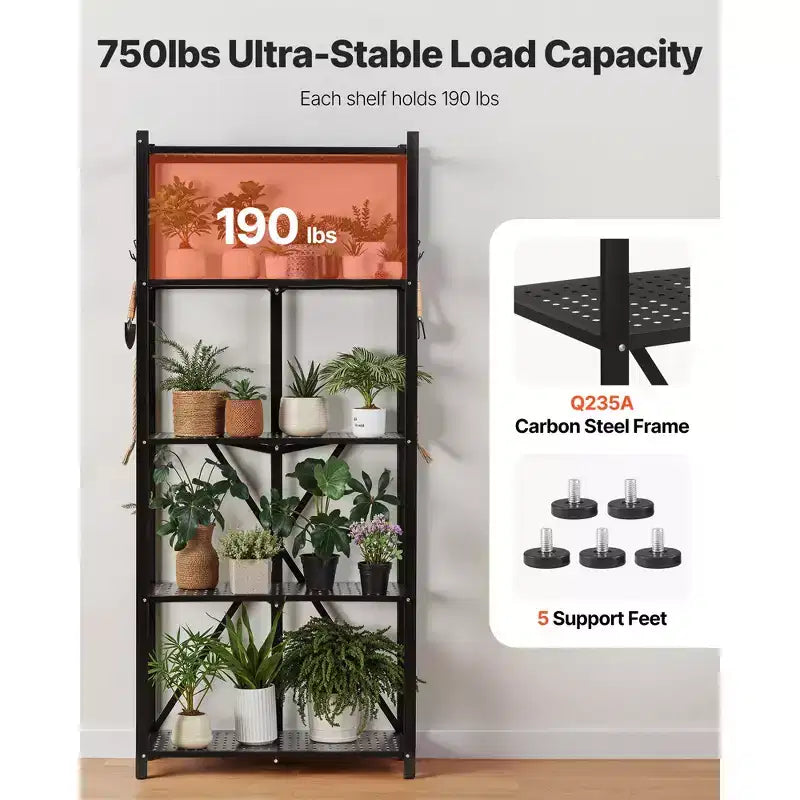 VEVOR 5-Tier Foldable Storage Shelf, 28W x 13D x 66H Inch Folding Metal Rack Shelving Unit, No Assembly Organizer Shelf with 5 Wheels & 4 Hooks,Black