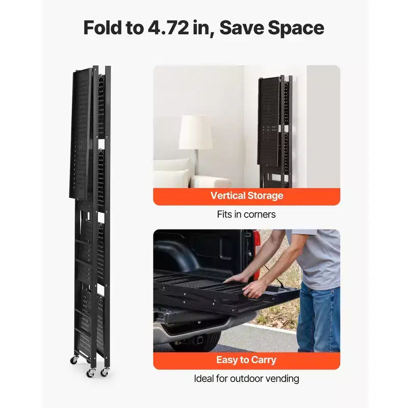 VEVOR 5-Tier Foldable Storage Shelf, 28W x 13D x 66H Inch Folding Metal Rack Shelving Unit, No Assembly Organizer Shelf with 5 Wheels & 4 Hooks,Black