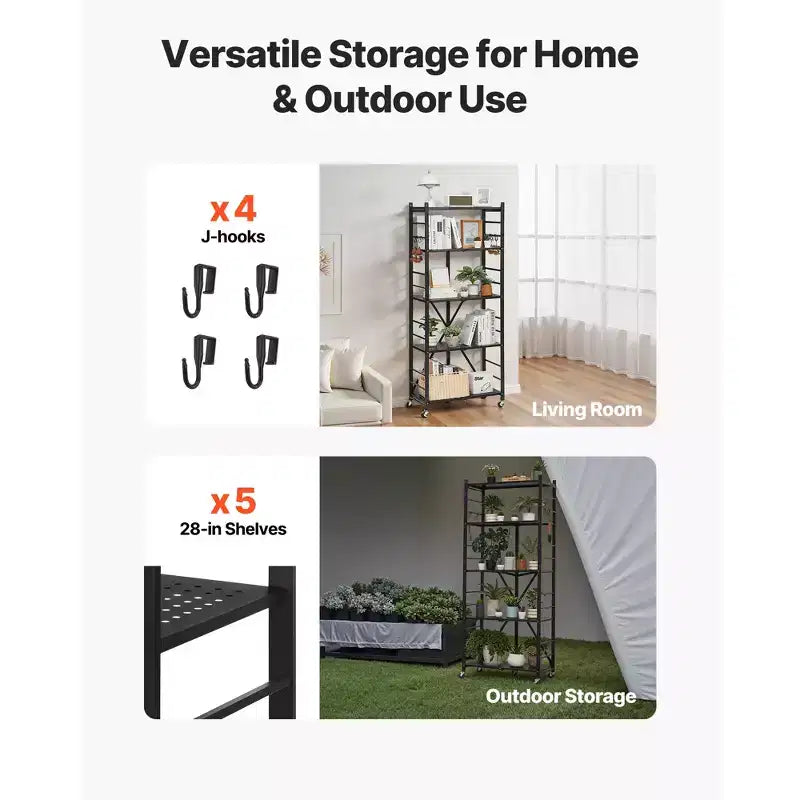 VEVOR 5-Tier Foldable Storage Shelf, 28W x 13D x 66H Inch Folding Metal Rack Shelving Unit, No Assembly Organizer Shelf with 5 Wheels & 4 Hooks,Black