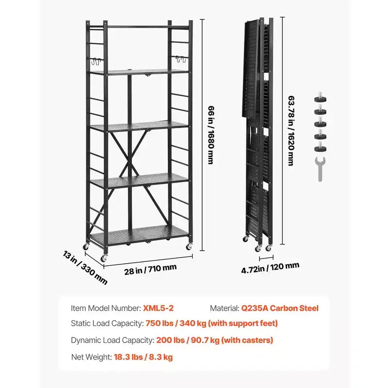 VEVOR 5-Tier Foldable Storage Shelf, 28W x 13D x 66H Inch Folding Metal Rack Shelving Unit, No Assembly Organizer Shelf with 5 Wheels & 4 Hooks,Black
