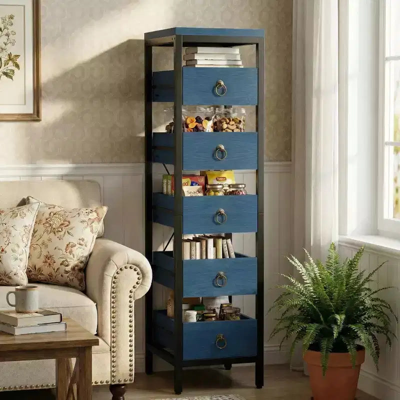 5-Tier Narrow Kitchen Storage Rack with Pull-Out Drawers, Fruit & Vegetable Display Stand Organizer for Pantry, Living Room, Bathroom