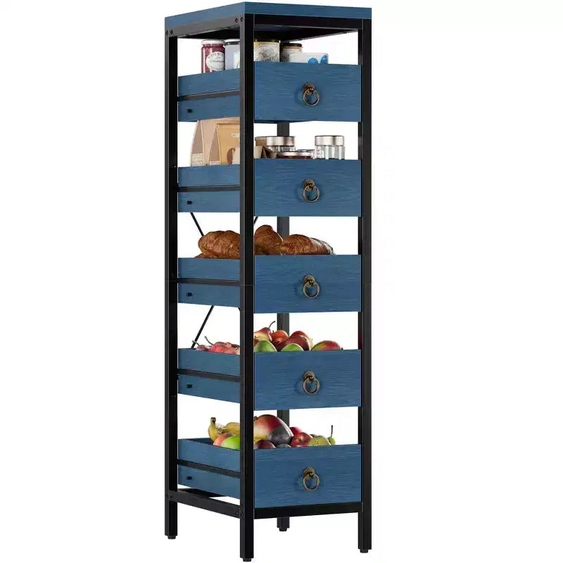 5-Tier Narrow Kitchen Storage Rack with Pull-Out Drawers, Fruit & Vegetable Display Stand Organizer for Pantry, Living Room, Bathroom