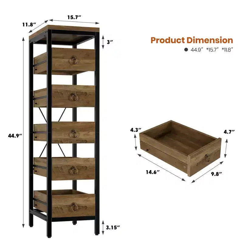 5-Tier Narrow Kitchen Storage Rack with Pull-Out Drawers, Fruit & Vegetable Display Stand Organizer for Pantry, Living Room, Bathroom