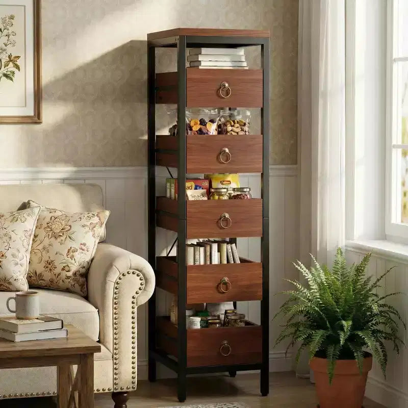 5-Tier Narrow Kitchen Storage Rack with Pull-Out Drawers, Fruit & Vegetable Display Stand Organizer for Pantry, Living Room, Bathroom