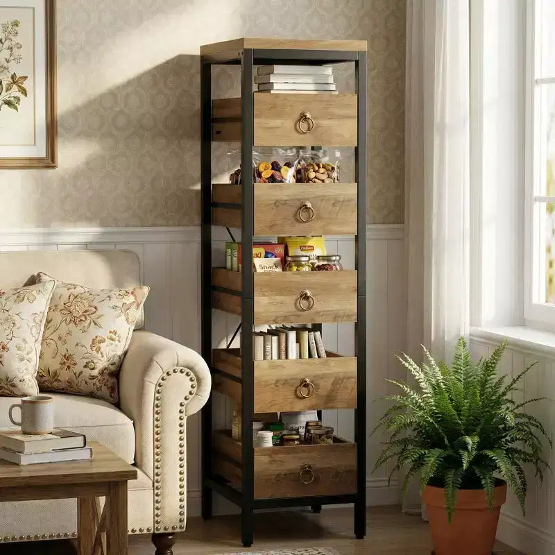 5-Tier Narrow Kitchen Storage Rack with Pull-Out Drawers, Fruit & Vegetable Display Stand Organizer for Pantry, Living Room, Bathroom