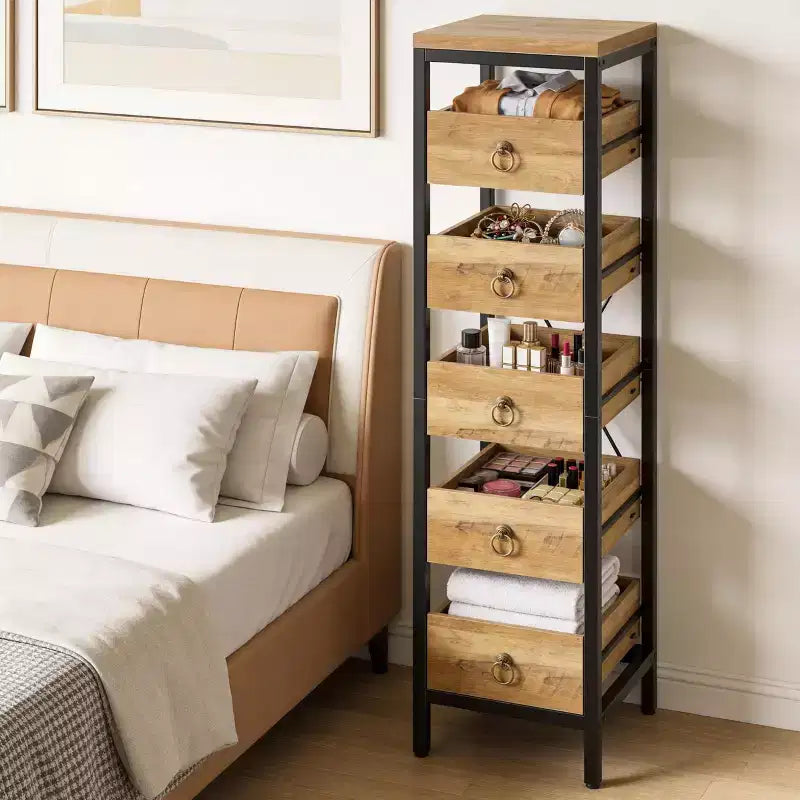 5-Tier Narrow Kitchen Storage Rack with Pull-Out Drawers, Fruit & Vegetable Display Stand Organizer for Pantry, Living Room, Bathroom
