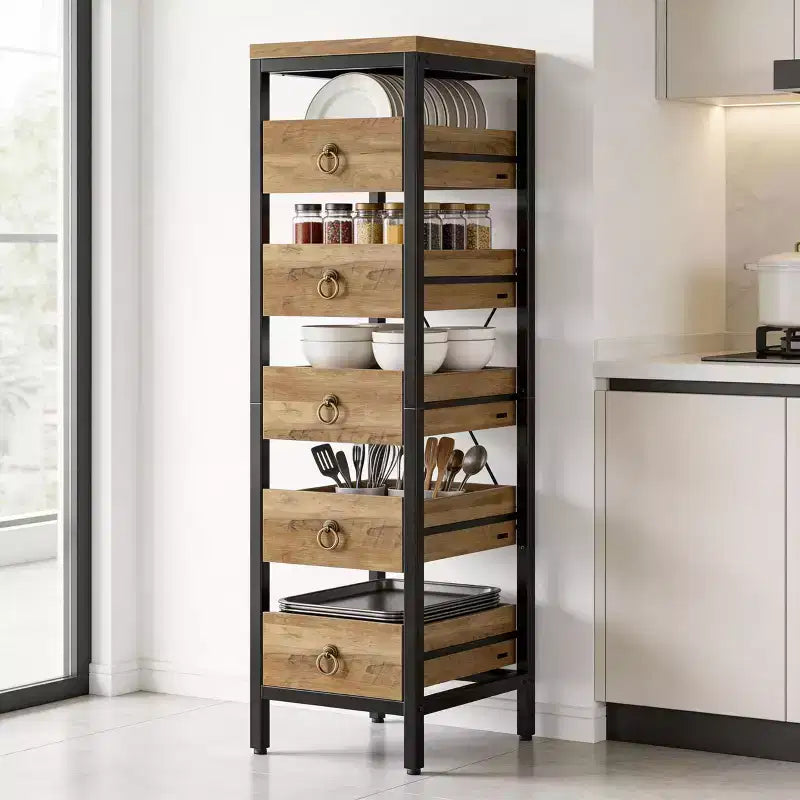 5-Tier Narrow Kitchen Storage Rack with Pull-Out Drawers, Fruit & Vegetable Display Stand Organizer for Pantry, Living Room, Bathroom