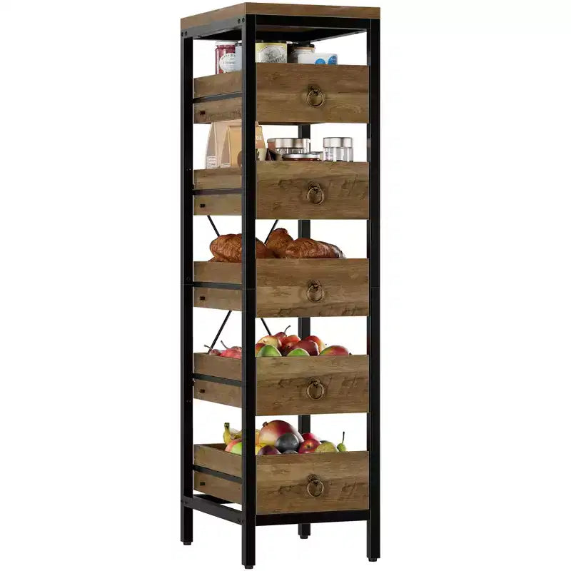 5-Tier Narrow Kitchen Storage Rack with Pull-Out Drawers, Fruit & Vegetable Display Stand Organizer for Pantry, Living Room, Bathroom