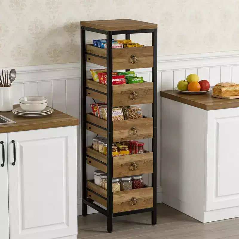 5-Tier Narrow Kitchen Storage Rack with Pull-Out Drawers, Fruit & Vegetable Display Stand Organizer for Pantry, Living Room, Bathroom