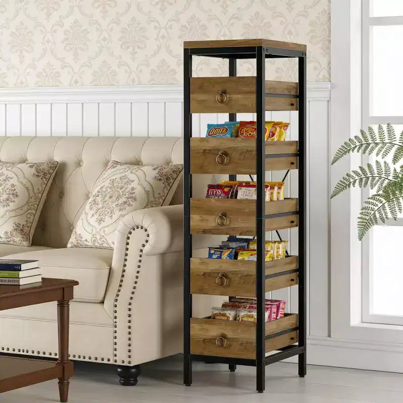 5-Tier Narrow Kitchen Storage Rack with Pull-Out Drawers, Fruit & Vegetable Display Stand Organizer for Pantry, Living Room, Bathroom