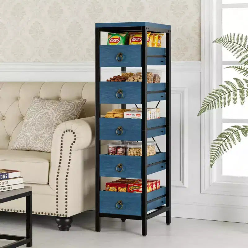 5-Tier Narrow Kitchen Storage Rack with Pull-Out Drawers, Fruit & Vegetable Display Stand Organizer for Pantry, Living Room, Bathroom