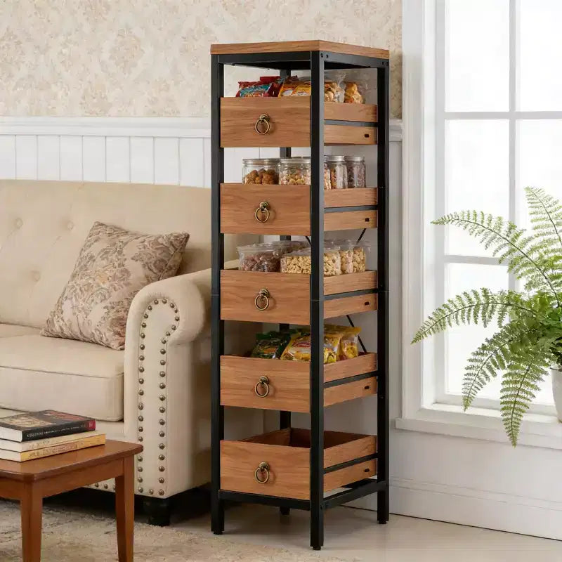 5-Tier Narrow Kitchen Storage Rack with Pull-Out Drawers, Fruit & Vegetable Display Stand Organizer for Pantry, Living Room, Bathroom