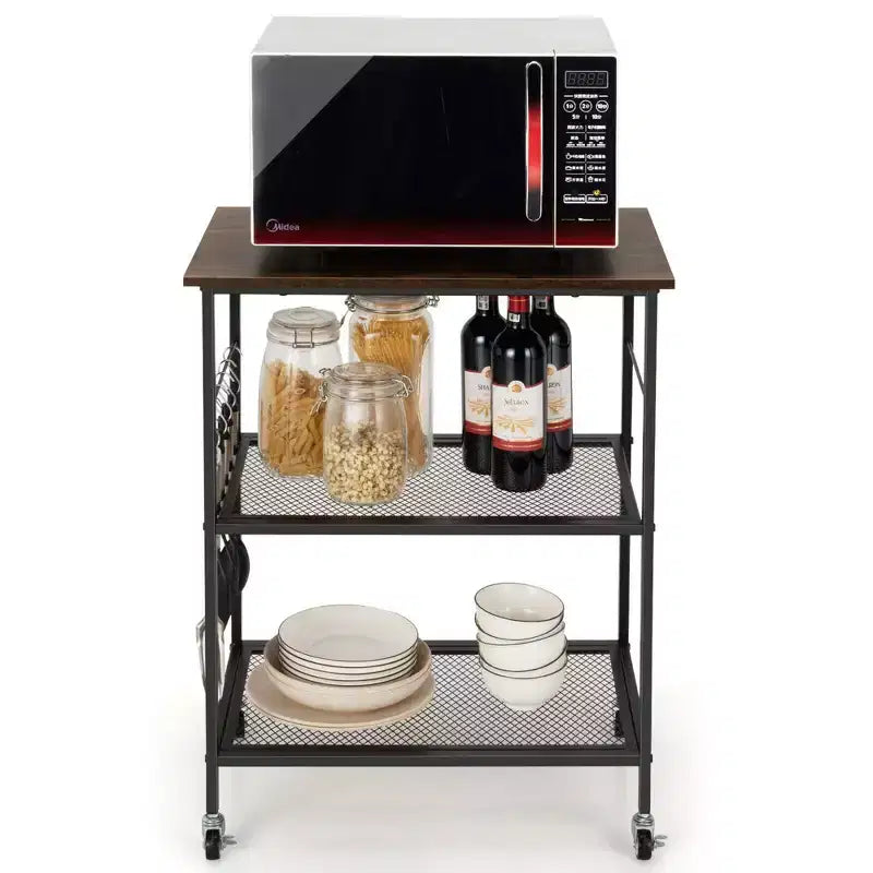 Costway 3-Tier Kitchen Serving Cart Utility Standing Microwave Rack w/ Hooks