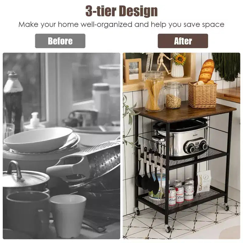 Costway 3-Tier Kitchen Serving Cart Utility Standing Microwave Rack w/ Hooks