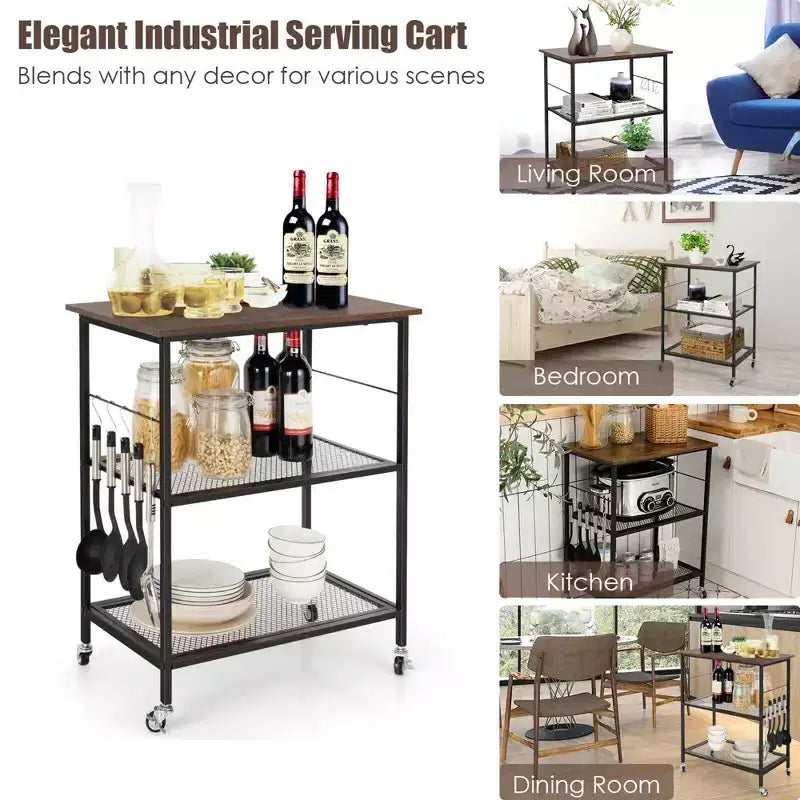 Costway 3-Tier Kitchen Serving Cart Utility Standing Microwave Rack w/ Hooks