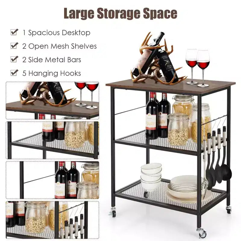 Costway 3-Tier Kitchen Serving Cart Utility Standing Microwave Rack w/ Hooks