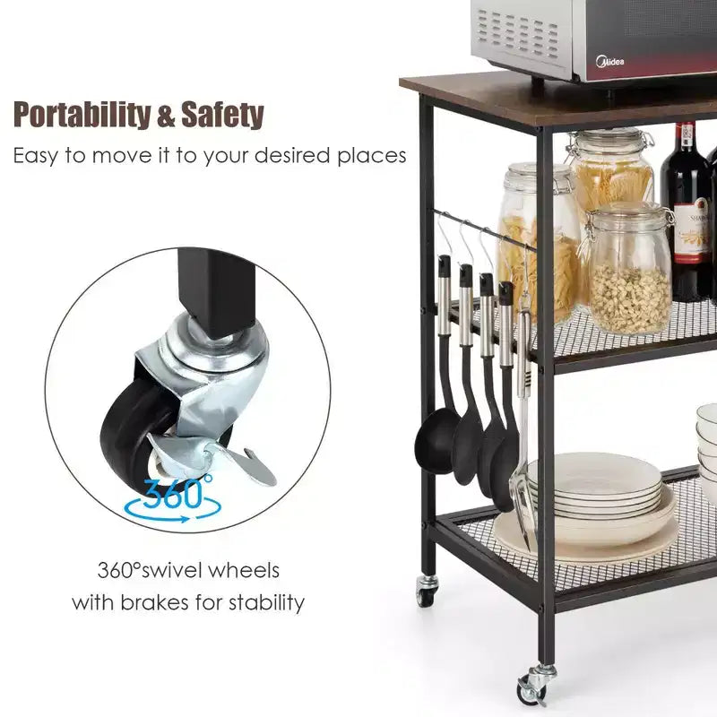 Costway 3-Tier Kitchen Serving Cart Utility Standing Microwave Rack w/ Hooks